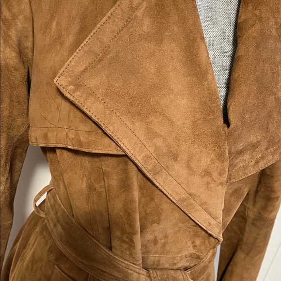 SUEDE Michael Kors Dark Tan Brown Trench Coat Belted Fully Lined, Size M - Picture 3 of 15